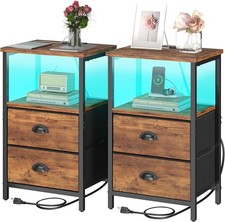 Rustic Brown Industrial Nightstand 2 Drawer Bedside Table LED Charging Station