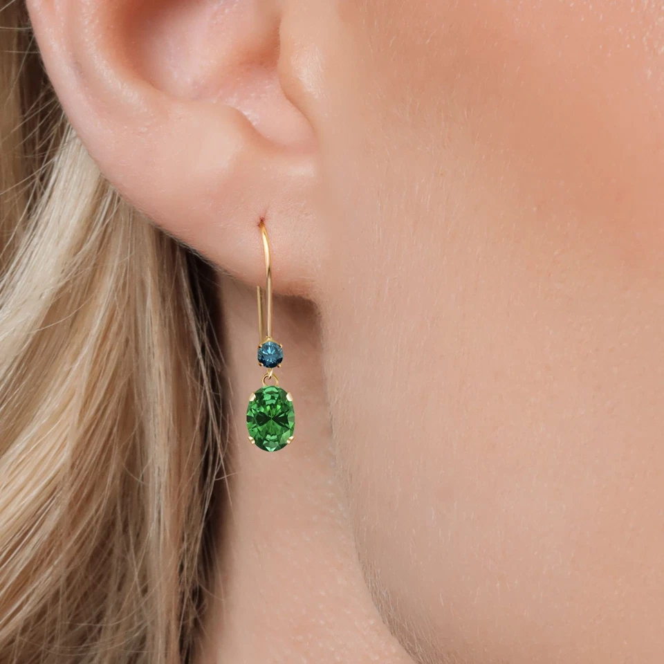 14K Yellow Gold Simulated Emerald and Blue Diamond French Wire Dangle Earrings - Image 3 of 4