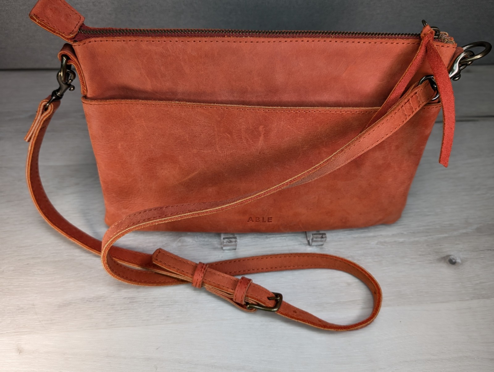 ABLE Raw Leather Crossbody Bag / Purse Top Zip Multiple Pockets 11" x 7" 