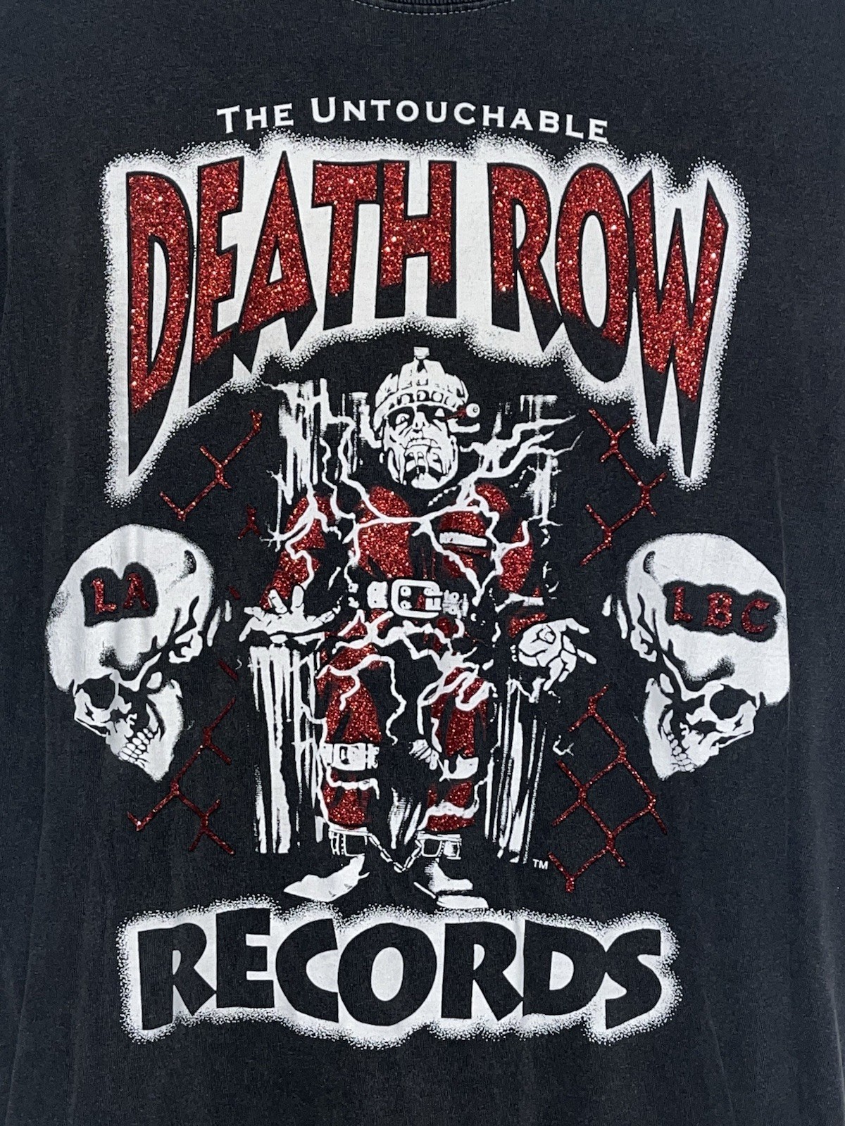 FILA T shirt Death Row Records rossa stampa glitter look indossato grafica grigia uomo taglia large