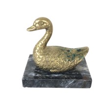 VTG Solid Brass Goose Paperweight Figurine on Marble Base 3.5 x 2.5 x 3.5"