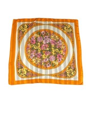 Vintage Floral Print Orange  White Striped Scarf 100 Polyester Made In Italy