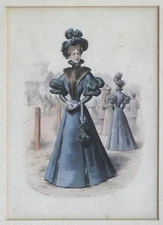 ANTIQUE FASHION PRINT HAND PAINTED FRAMED and MATTED under GLASS