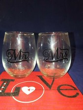 Valentine MRS MRS Set 2 Wine Glasses Stemless NEW Wedding Engagement Gift