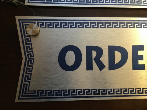 Order Here, Pick Up Here, Lot of 2 Restaurant Signs, Burnished Aluminum Greek Mo - Afbeelding 2 van 7