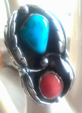 VTG Sterling Silver LRG Native American Turquoise  Coral Ring  Sz 7  Vibrant Beauty
