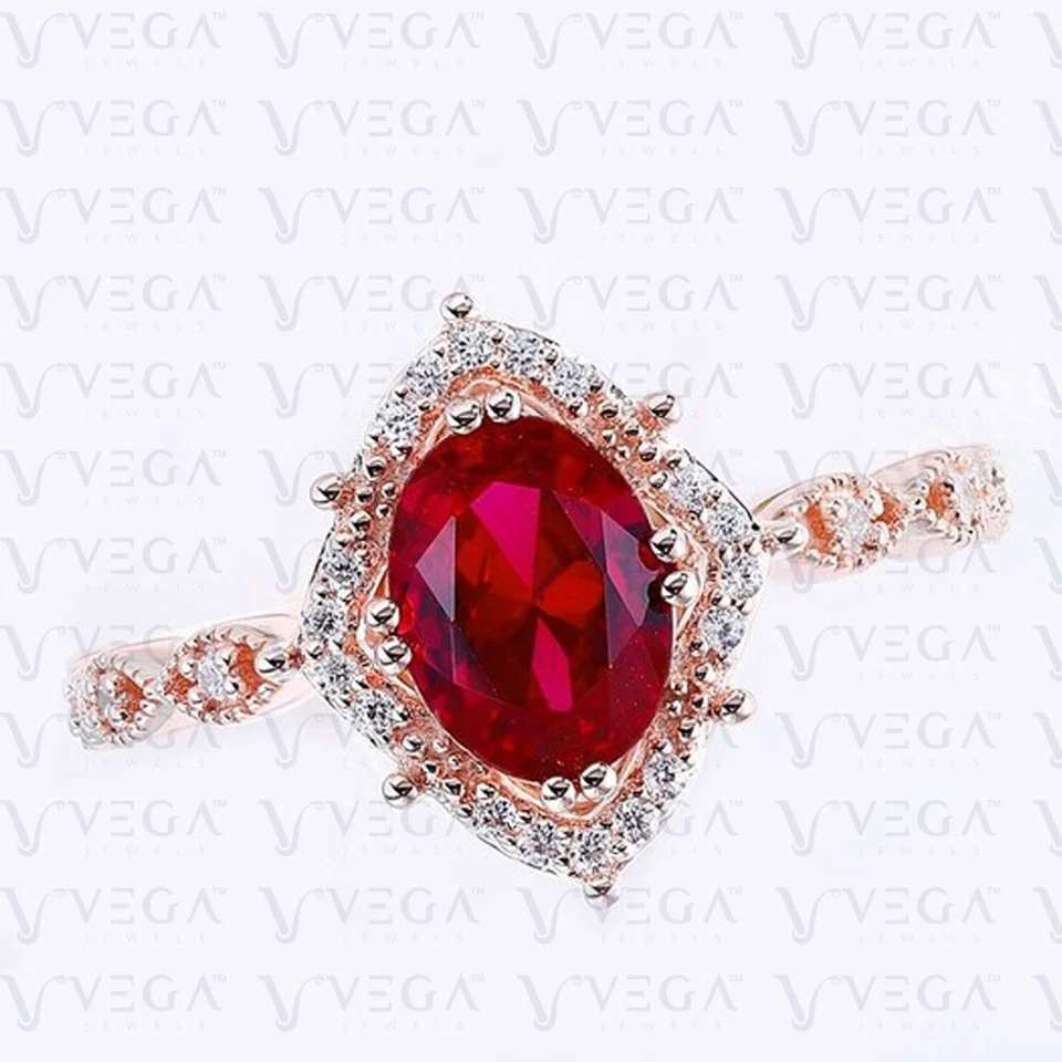 Anillo de compromiso de diamantes y rubíes rojos naturales de corte ovalado de 3,86 quilates enchapado en oro rosa de 18 quilates Foto 3 de 4