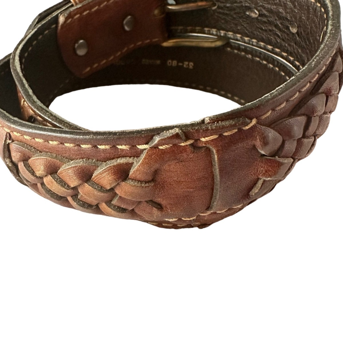 Woven Waxed Saddle Leather Belt 32 Mens Brown Solid Brass 