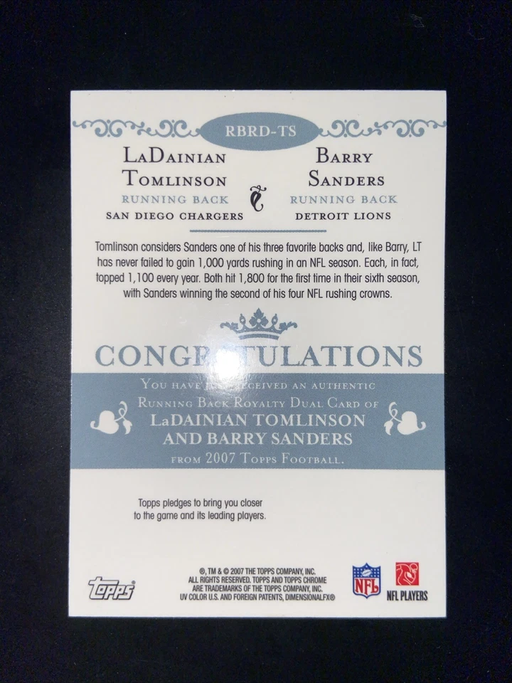 2007 Topps Chrome Barry Sanders LaDainian Tomlinson Running Back Royalty Dual RB - Image 2 of 2