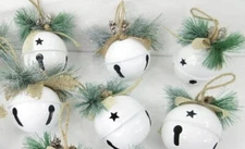 6 Jingle Bell Hanging Ornaments Metal White Pinecones Christmas 3 Inch Sprig