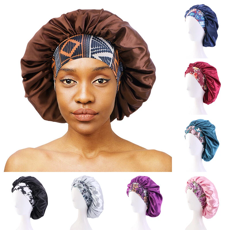 Women Satin Night Sleep Cap Solid Hair Bonnet Hat Silk Head Cover Elastic  Band