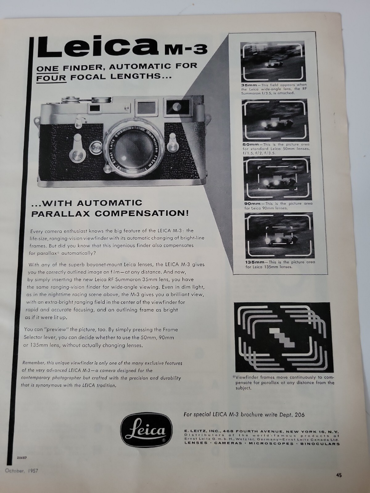 1957 Leica M-3 camera automatic parallax compensation vintage ad | eBay