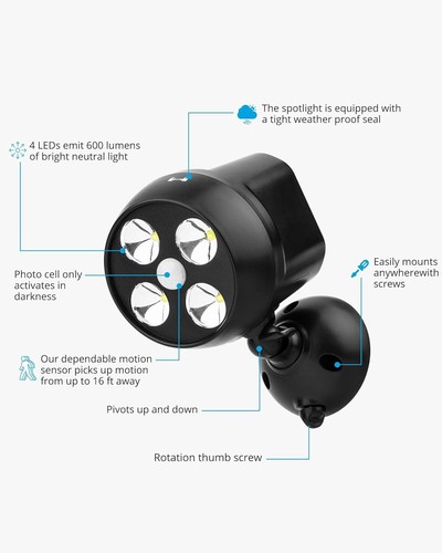 Security Light Battery Powered PIR Motion Sensor Spotlight Weatherproof 2 Pack - Picture 3 of 12