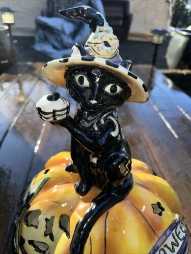 Halloween Display Tall Blue Sky Clayworks Black Cat Witch On Pumpkin Light up. - Picture 3 of 14