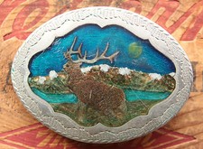 Vintage Hand Made Elk Deer Inlay Western Belt Buckle