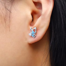 Woman Stud Earrings 925 Sterling Silver Butterfly Shiny Blue Cubic Zirconia
