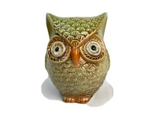 Owl Ceramic Glazed Piggy Bank w/ Rubber Stopper Bottom In Rusty Green 4" Tall