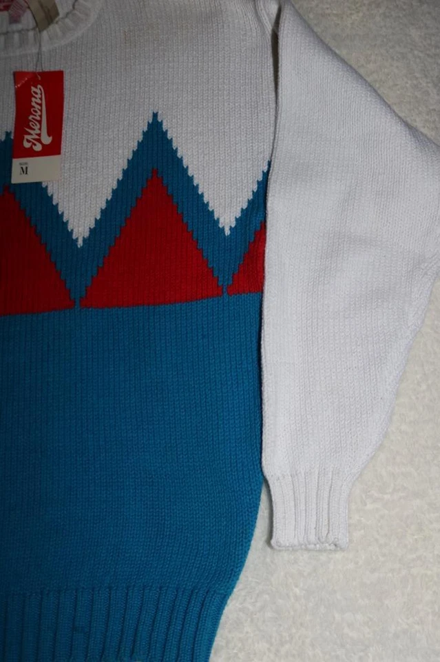 SUDADERA VINTAGE AÑOS 70 MERONA ADULTO HOMBRE TRIPULACIÓN AÑOS 80 AZUL GEOMÉTRICO MEDIO RARA NUEVA Foto 4 de 4