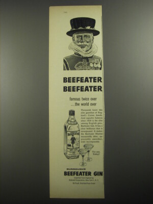1956 Burrough's Beefeater Gin Ad - Beefeater Beefeater Famous twice over