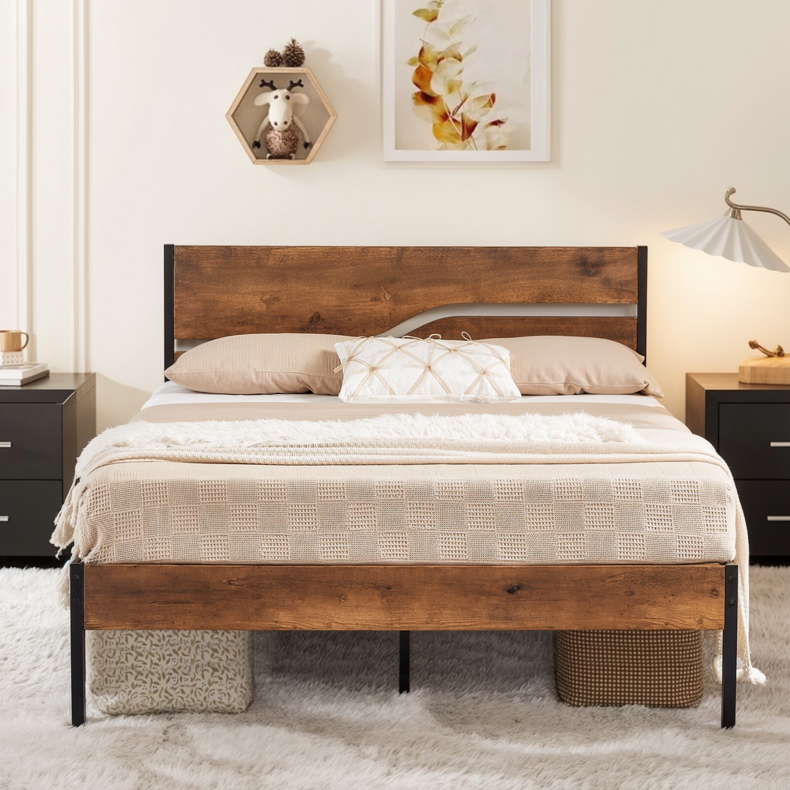 Bed Frame Twin/Full/Queen Size Metal Platform Bed Slats Support w/Wood Headboard-image