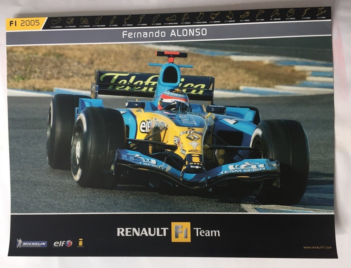 Poster équipe Renault F1 - Autocollant Signé Fernando Alonso 2005 (neuf)