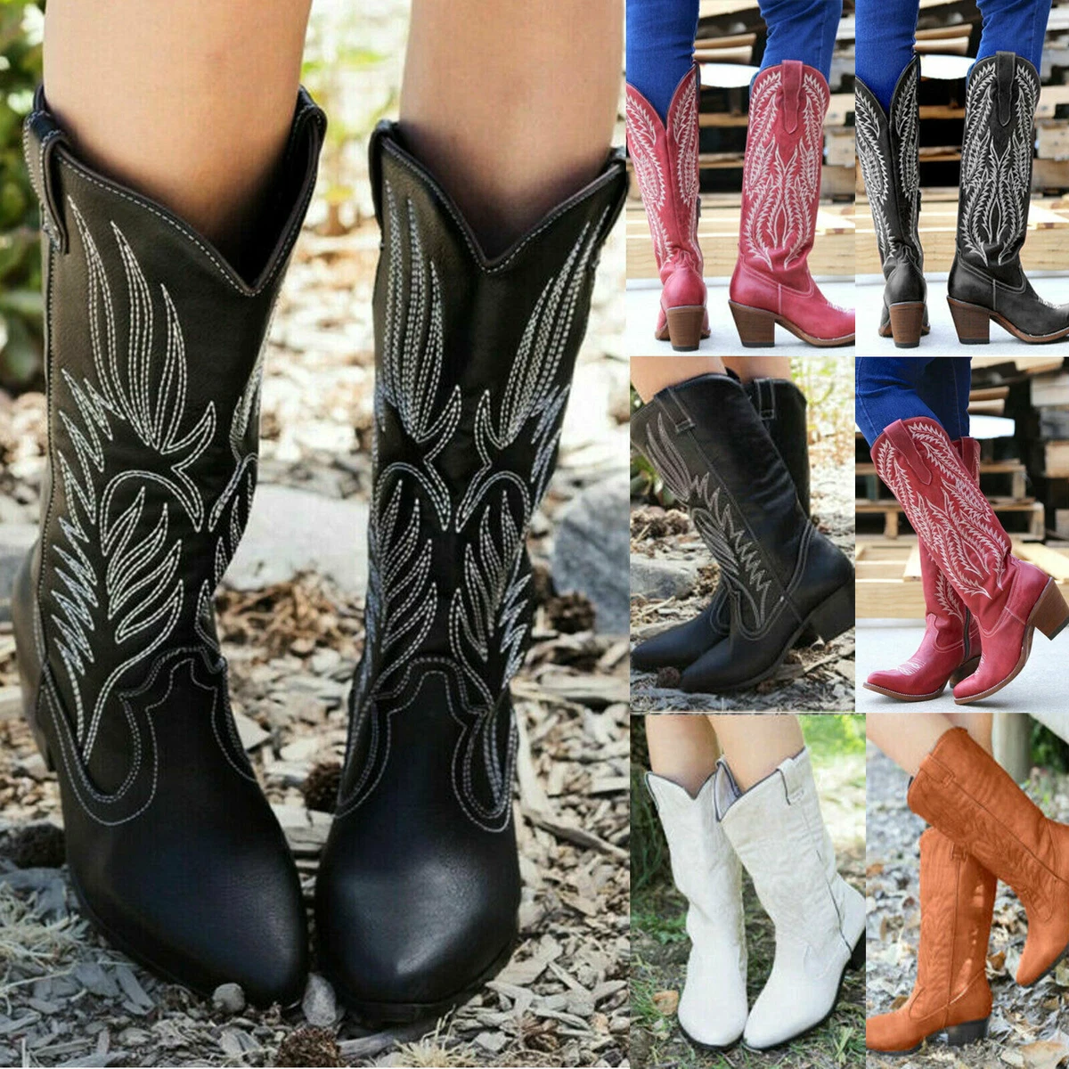 Women Ladies Cowgirl Cowboy Boots Mid Wide Calf Block Heel Western