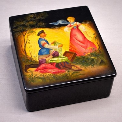 Vintage Russian Fedoskino Lacquer Box Korobushka The Peddler Hand Painted