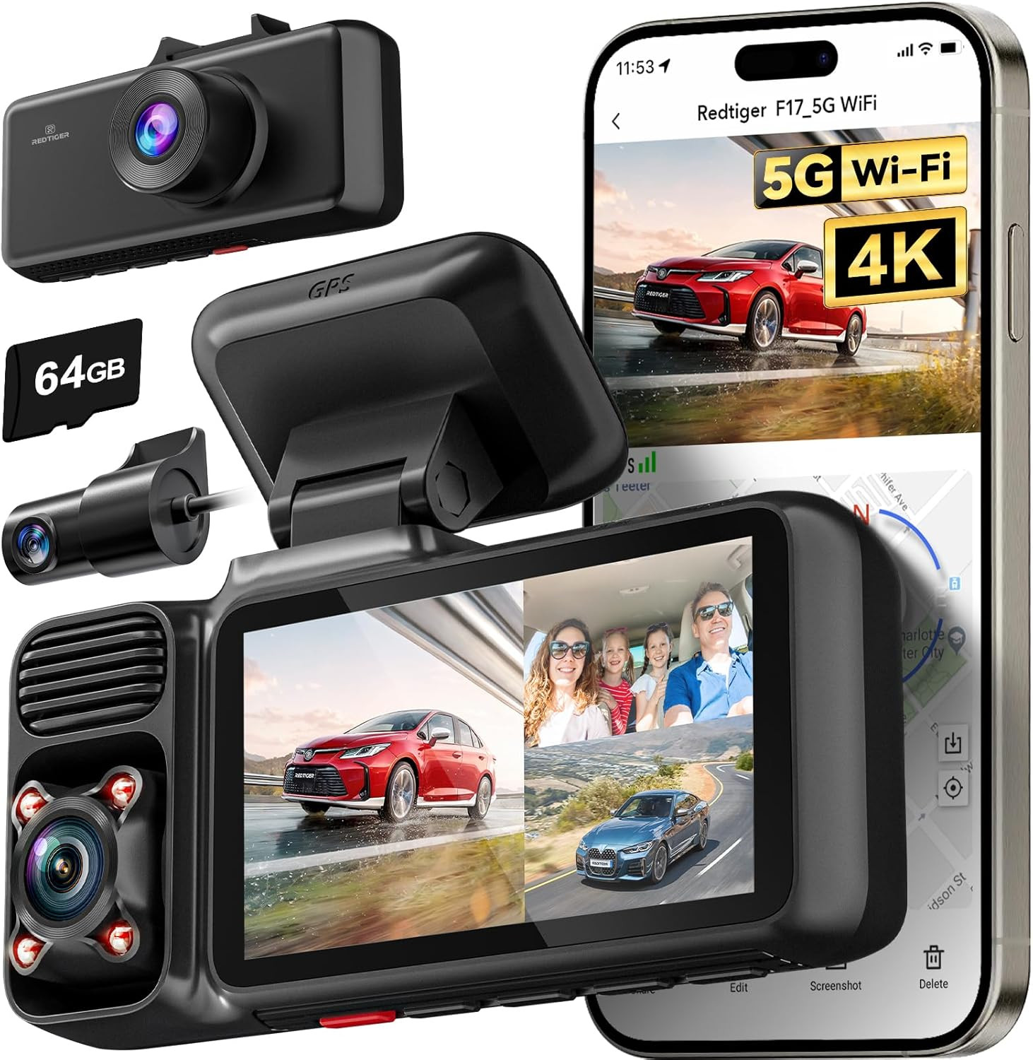Dashcam voiture 3 canaux 4K avec WiFi 5G et GPS intégré traceur