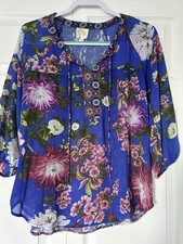 Fig  Flower Women  s Boho Blouse Size S Blue Floral Sheer Peasant Top Tie Neck