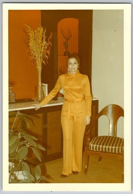 Vtg Color Snapshot Fashionable Woman IN Orange Jumpsuit Standing IN Home 1970s