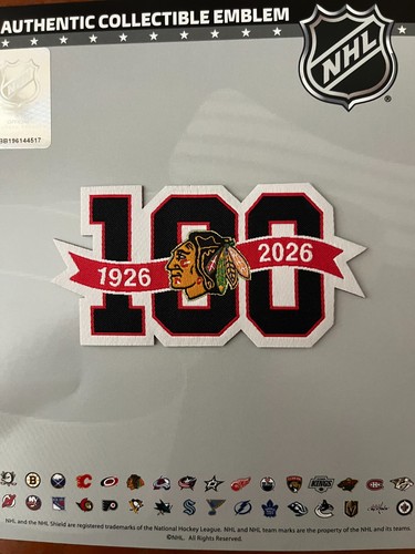 2025 -26 CHICAGO BLACKHAWKS 100TH ANNIVERSARY "AWAY" JERSEY PATCH PUCK IN STORE - Picture 2 of 6