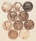 (10) Low Grade Silver Dimes - (1) Barber (7) Mercury (2) Roosevelt - #4492ED