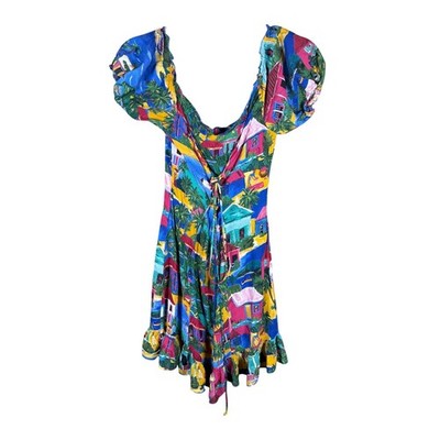 Zara Accessories Women Tropical Island Print Puff Sleeve Mini Dress Size M Blue
