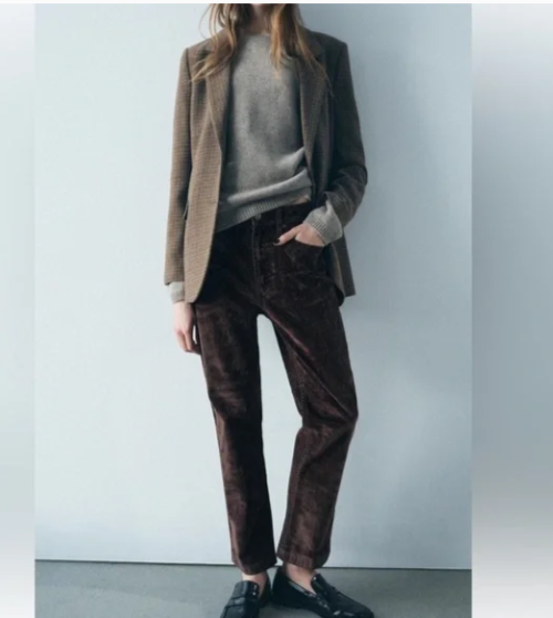 New ZARA ZW Collection Brown Velvet Flocked High Waist Bootcut Jeans Pants Sz 2