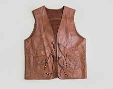 60s Tooled Leather Vest Large-XL Vintage Brown Western Beaded Conchos Gilet