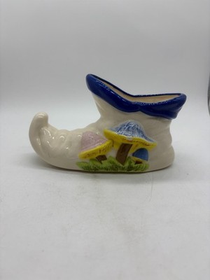 Vintage 1970s Ceramic Pixey Elf Shoe Planter Mushrooms
