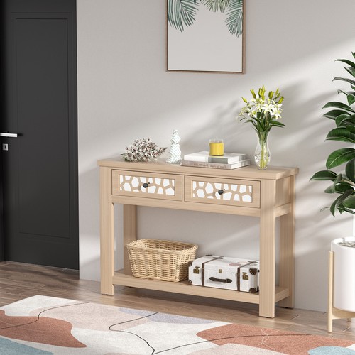 Wood Long Side Table with 2 Drawers & Open Storage Shelf Natural - Picture 5 of 10