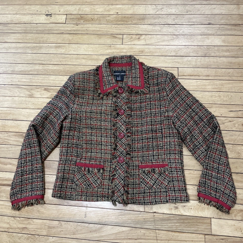 Blazer Robert Louis Tweed a Cuadros Tostado Negro Rojo Brillante Y2k Destintada Preparación Para Mujer L Foto 2 de 4