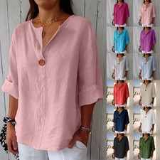 Women's 3/4 Sleeve Linen Cotton V-Neck Tops Pullover Tee Shirts Loose Blouse UK
