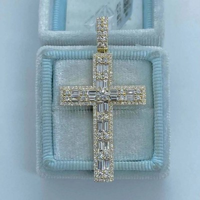 3Ct Baguette Cut VVS1 Diamond New Cross Pendant 14K Yellow Gold Over