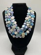 Mop Unsigned Sea Lily Blue & White Multi Strand Beaded Necklace Silver Tone 20”