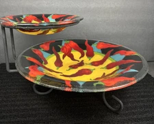 Peggy Karr Signed Red Chili Peppers Fused Art Glass Chip Dip Bowl 2 Tier Stand