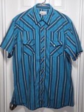 VTG Wrangler Pearl Snap Shirt Mens XL Blue Striped Western Casual Wrancher SS