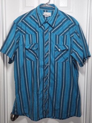 VTG Wrangler Pearl Snap Shirt Mens XL Blue Striped Western Casual Wrancher SS
