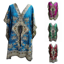 Women Ethnic Print Maxi Kaftan Dress V-Neck Beachwear Tunic One Size