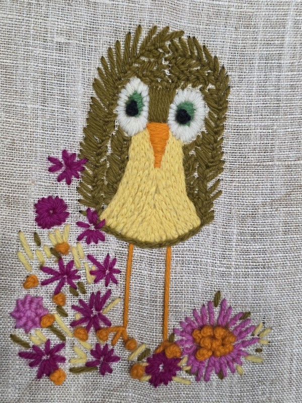 Vintage 1970s Handmade Embroidery Crewel Owl  w Flowers 8×10
