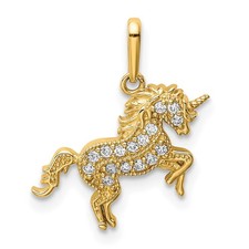 14K Yellow Gold Round Cubic Zirconia Rearing Unicorn Fancy Pendant
