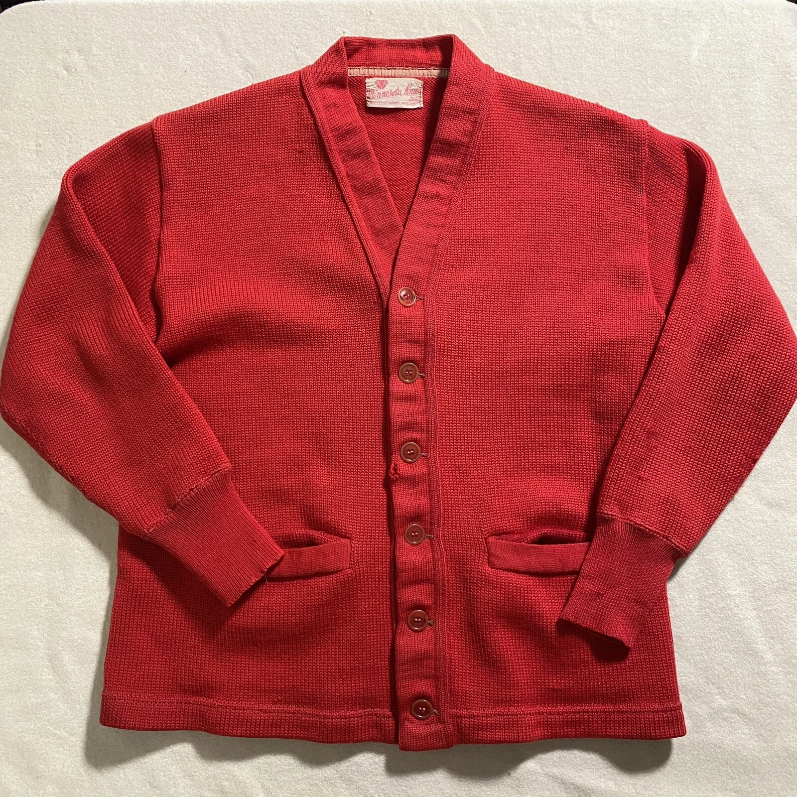 Minnesota Woolen Company Mens Red Wool Cardigan Vintage Sweater Medium 40” Chest