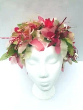 Wonderful Vintage 60's pink and green chiffon fluffy leaves ladies hat 23"