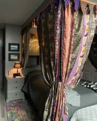 2 Pc Indian Old Recycle Silk Saree Boho Multi Curtain Door Drape Decor Curtain